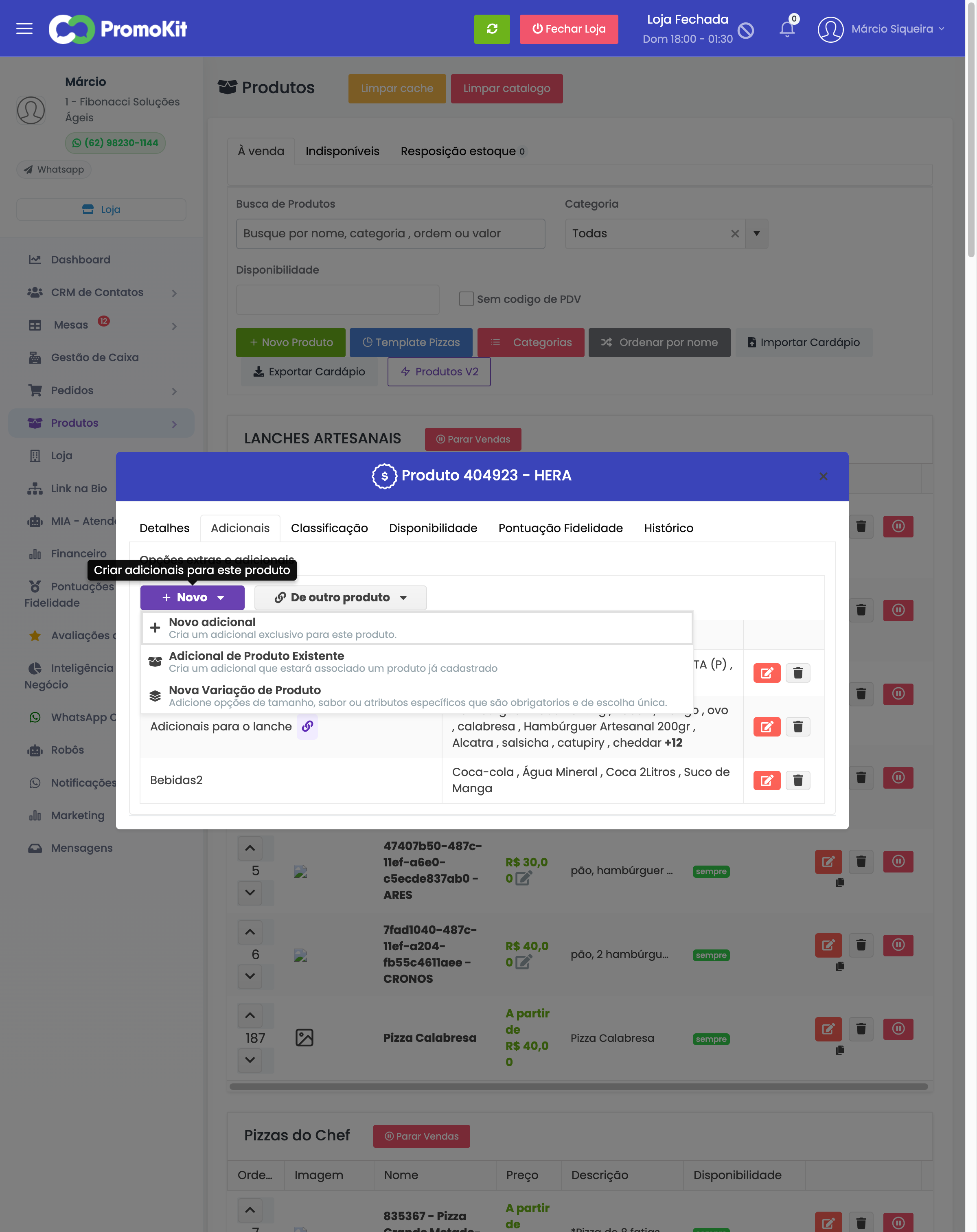 Menu de tipos de adicionais