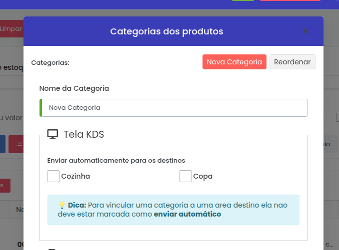 Cadastro de categoria com seção Tela KDS