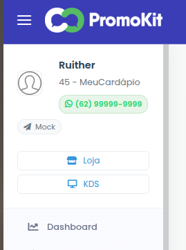 Botão KDS no menu lateral