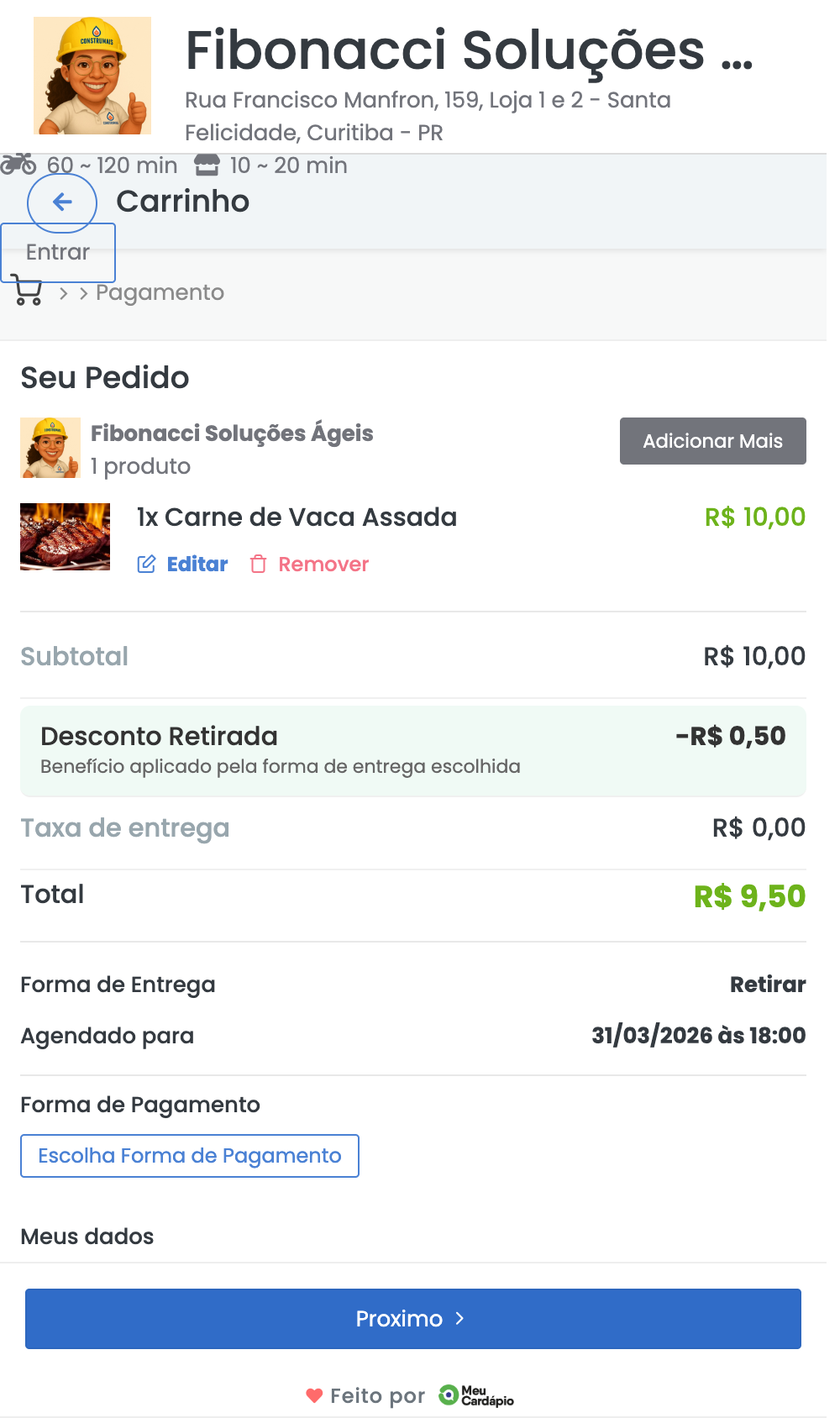 Carrinho com pedido agendado para 31/03/2026 às 18:00