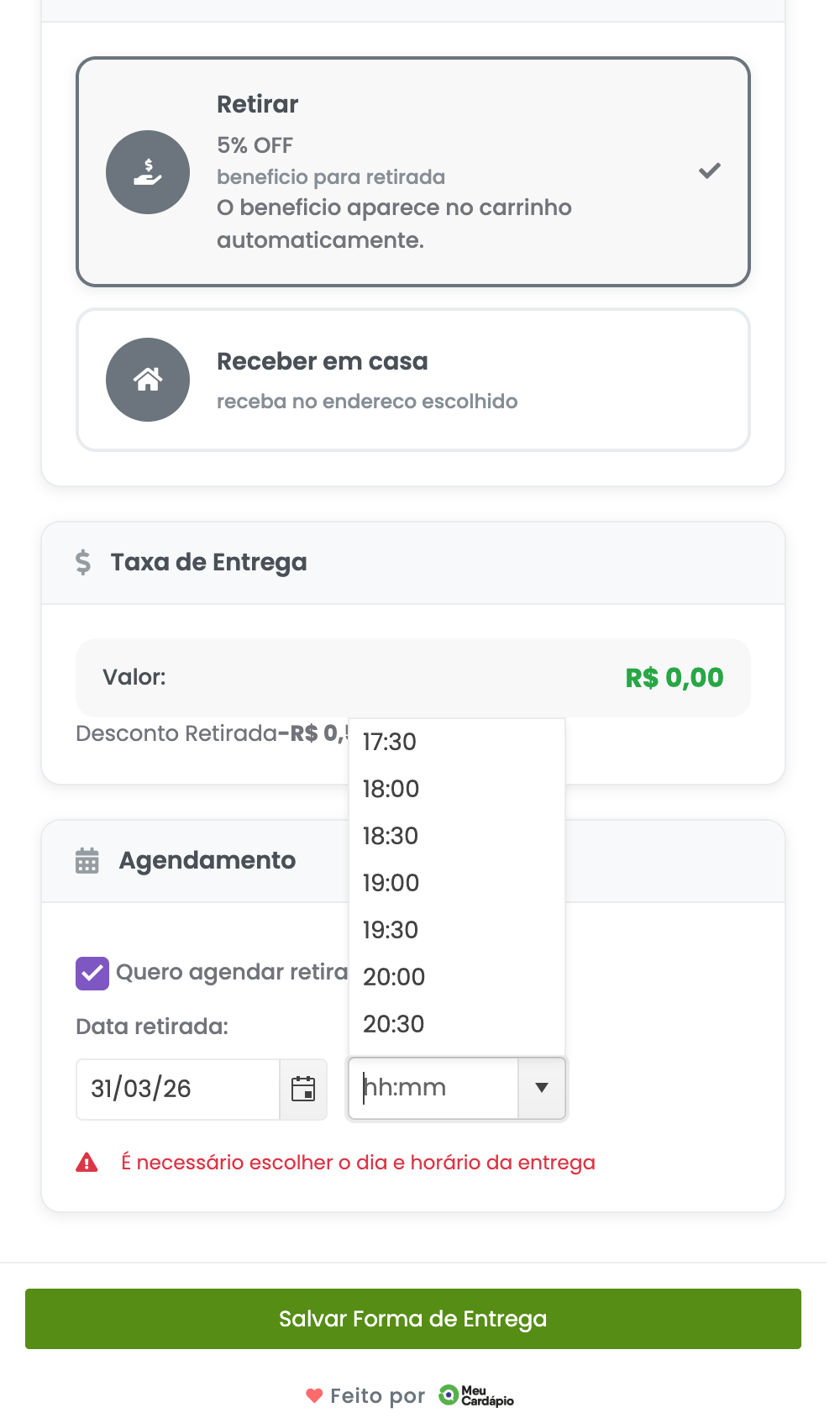 Seletor de data e hora para agendamento