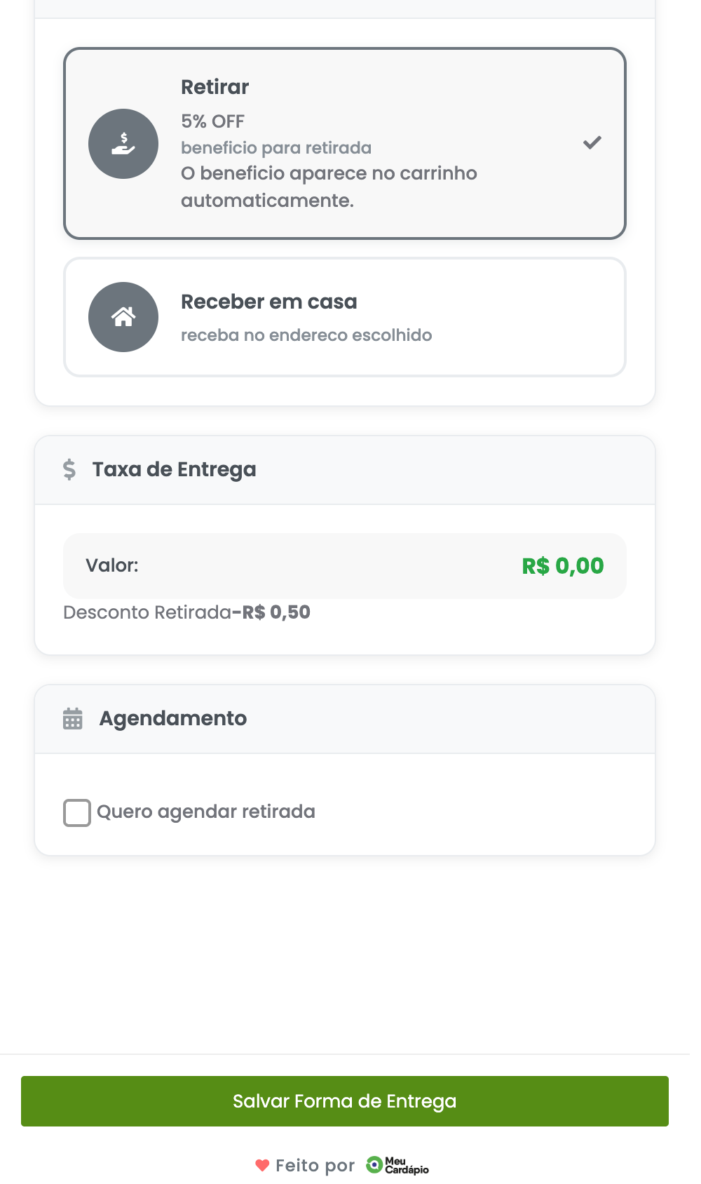 Tela de entrega com seção de Agendamento
