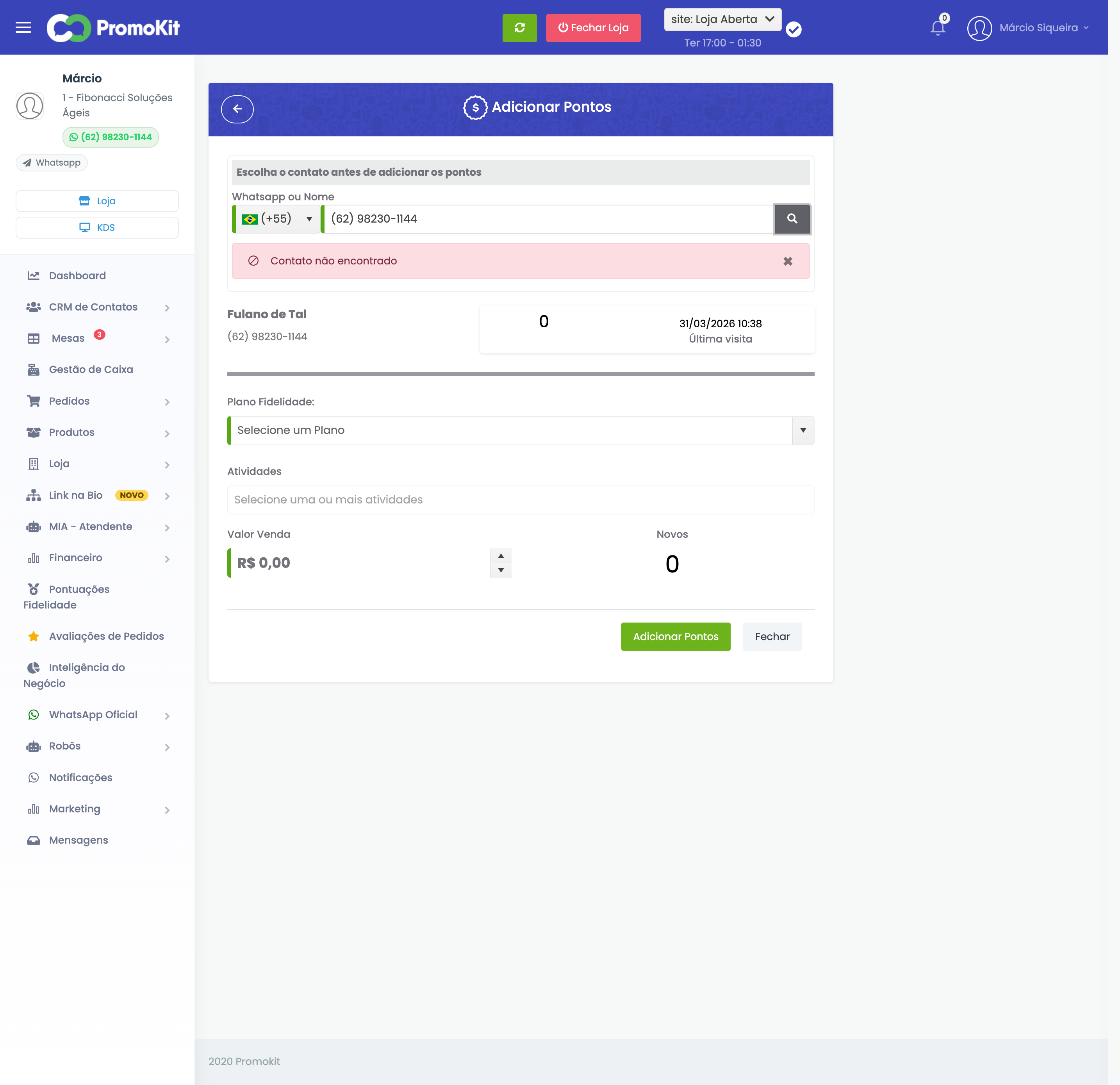 Tela Adicionar Pontos com saldo do cliente