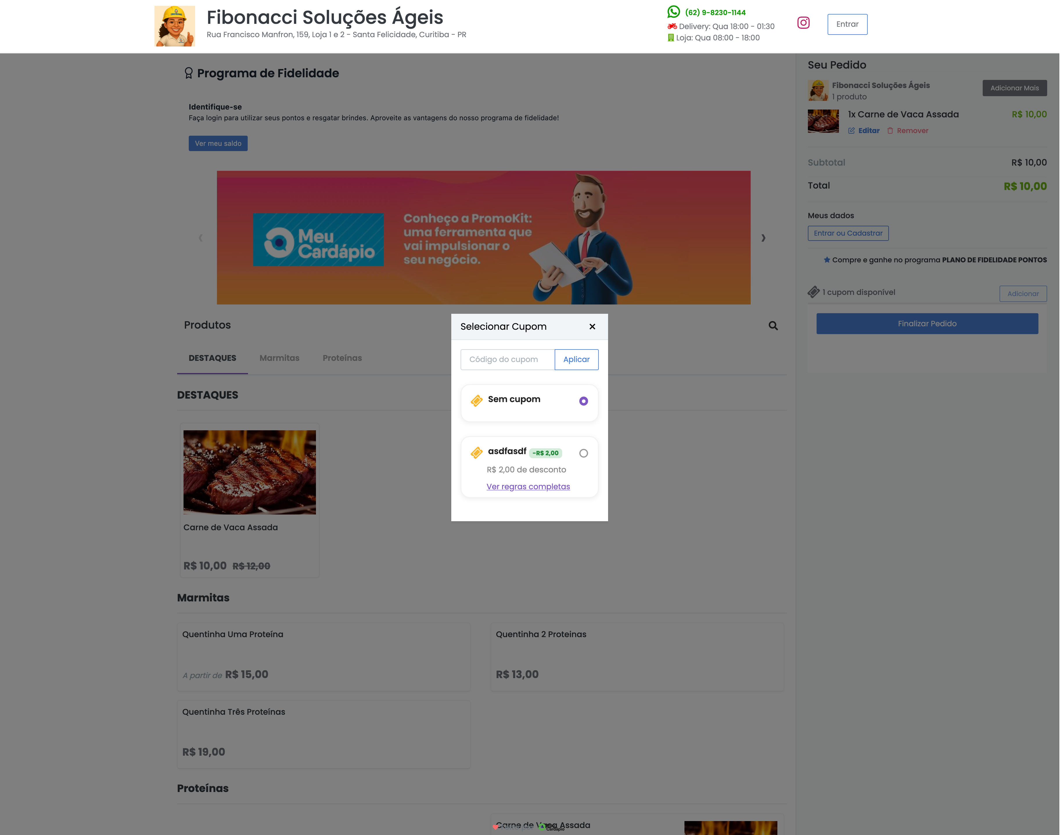 Modal de seleção de cupom com campo para digitar código e cupom selecionável