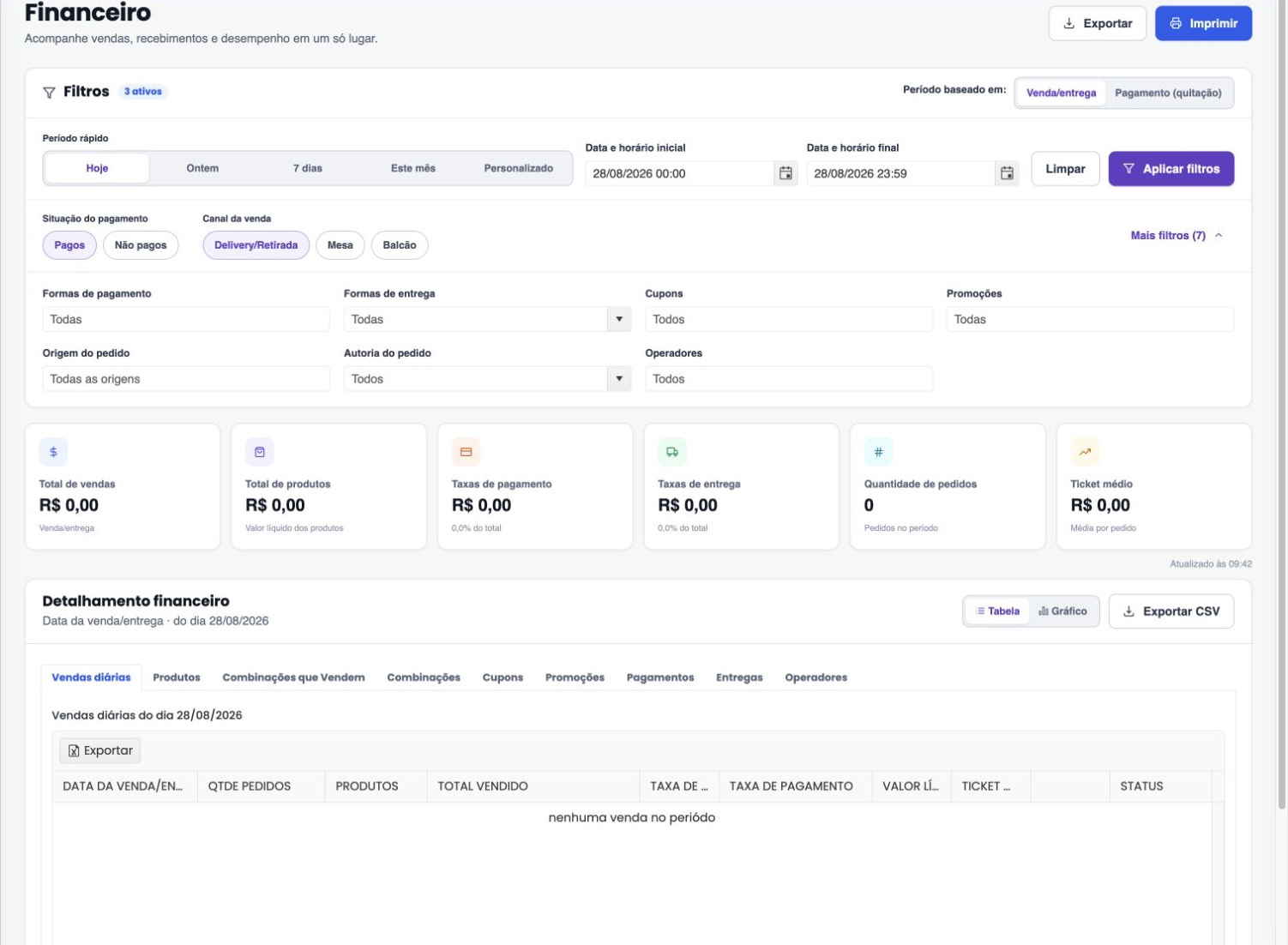 Filtros dos relatórios financeiros