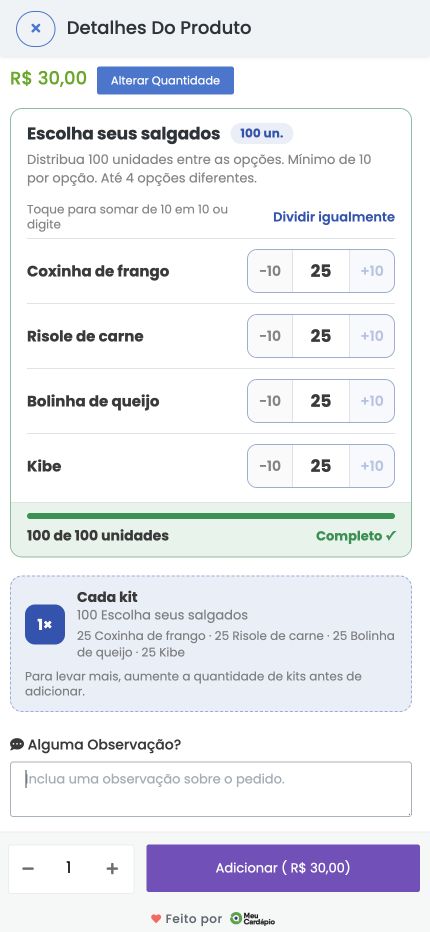Tela real do cliente montando o Cento de Salgados