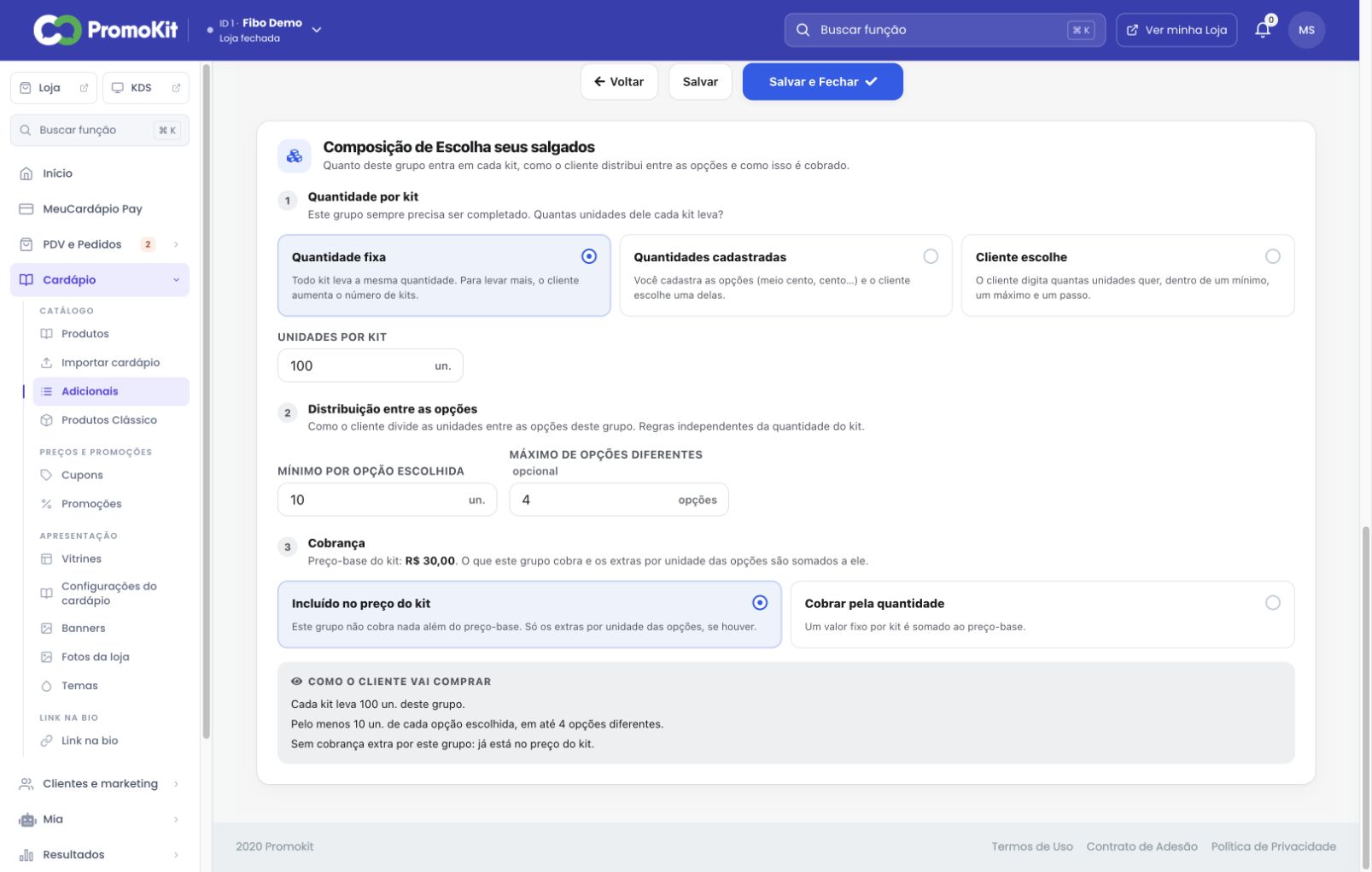Tela real de configuração do grupo Escolha seus salgados