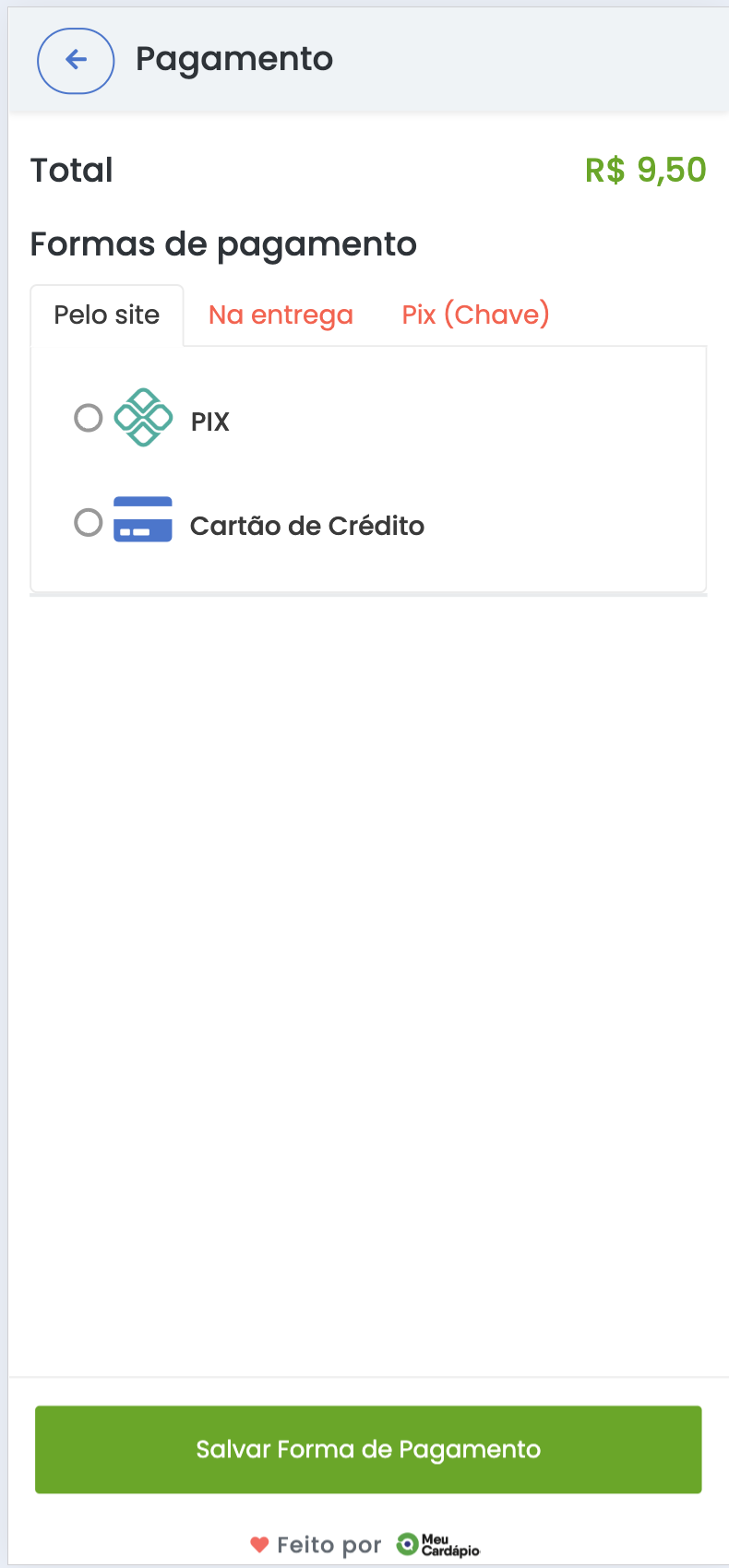 Tela de pagamento vista pelo cliente — PIX e Cartão de Crédito