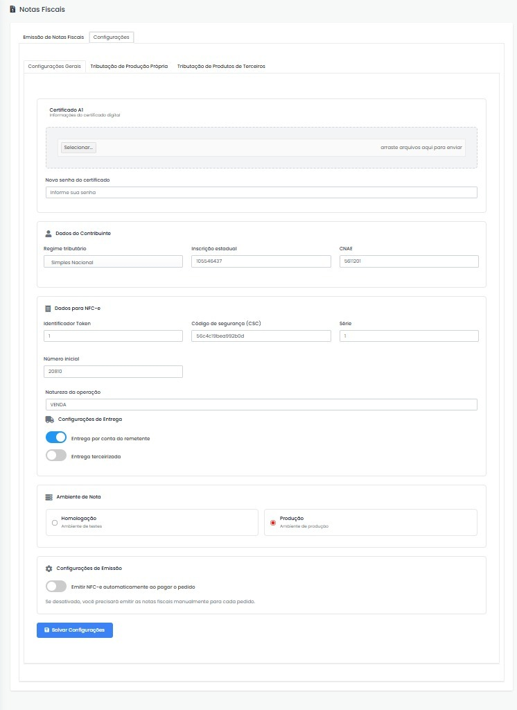 Tela de configurações da NFC-e