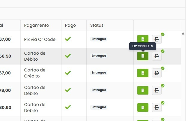 Botão de emitir NFC-e na lista de pedidos