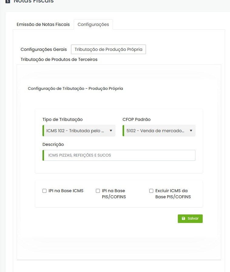 Tela de tributação de produção própria