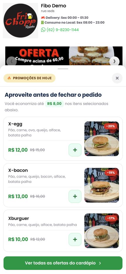 Ofertas de boas-vindas exibidas no cardápio da Fibo Demo