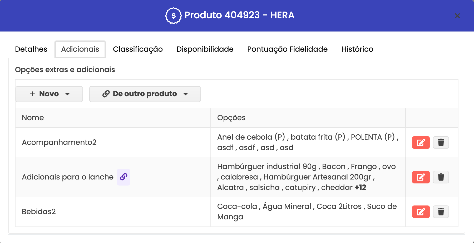 Aba Adicionais do produto