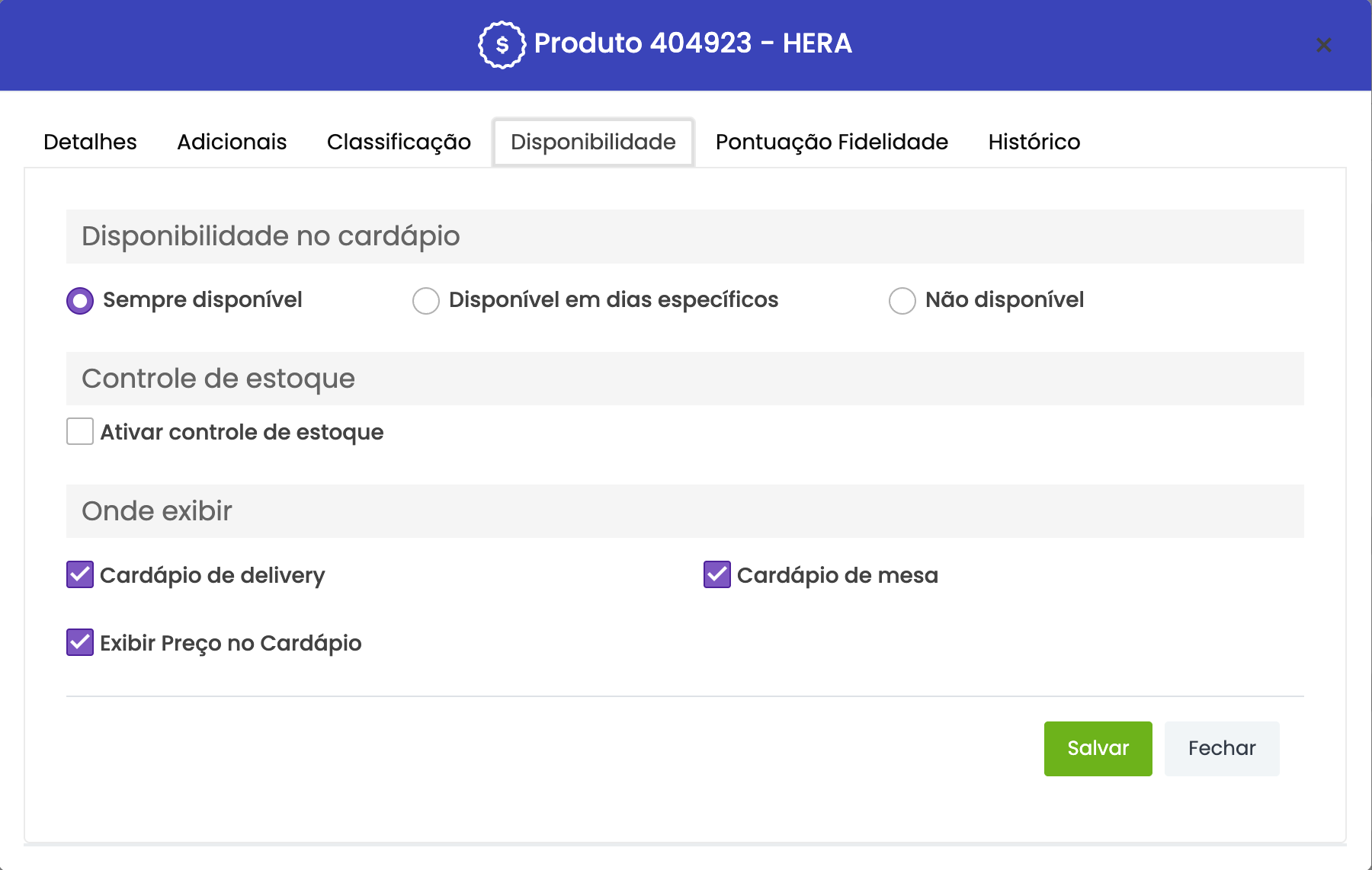 Aba Disponibilidade do produto