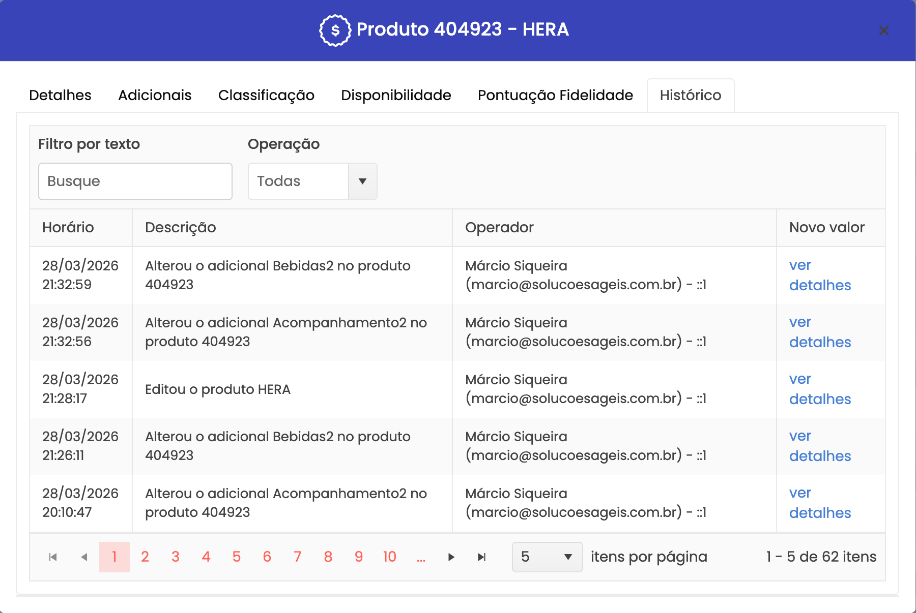 Aba Histórico do produto