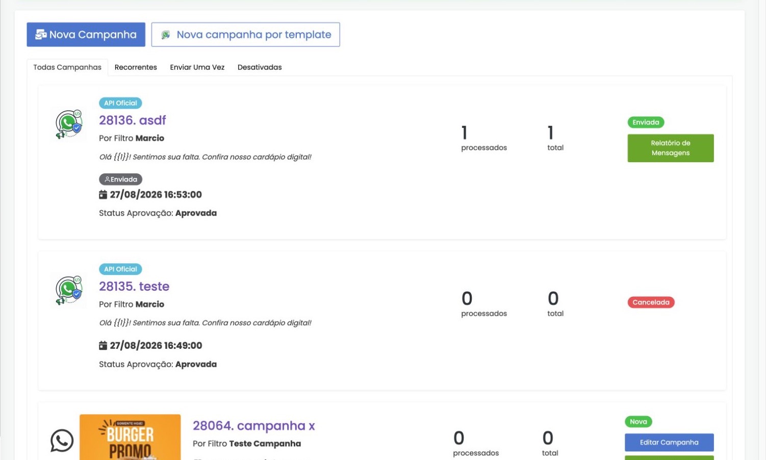Campanhas de WhatsApp no painel administrativo